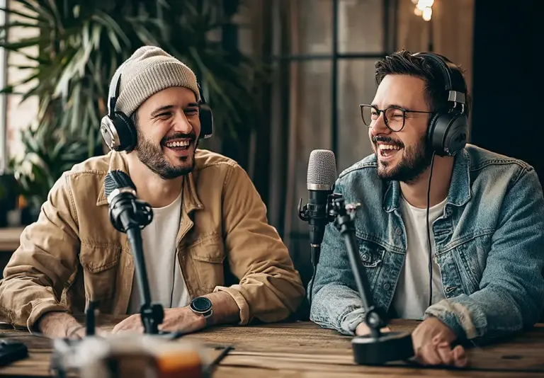 dvaja muži, ktorí vedú podcast