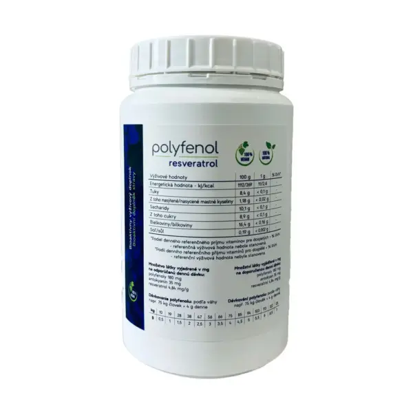 produkt Resveratrol, biela dóza s bielo modrou etiketou, obsah a dávkovanie