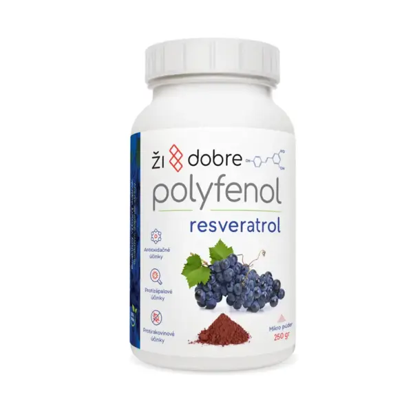 Biela nádoba s bielo modrou etiketou Resveratrol