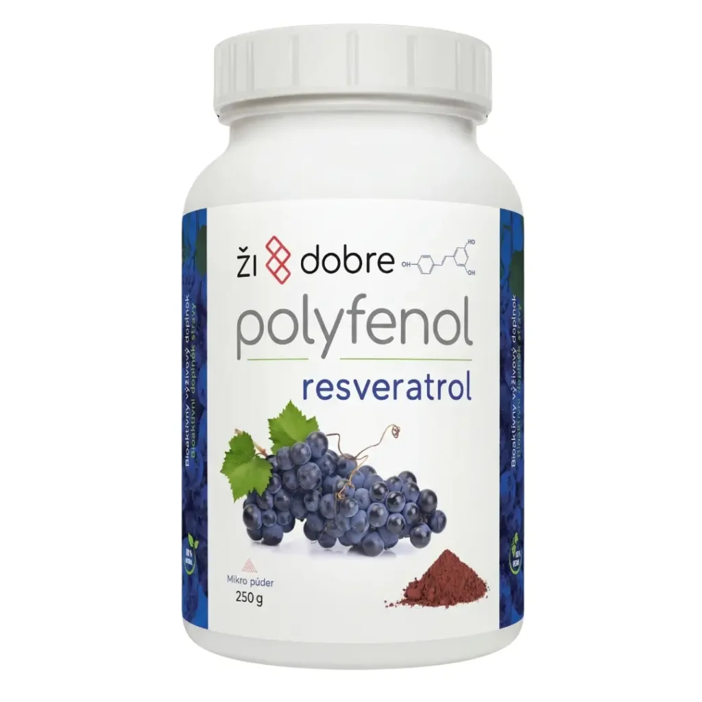 Biela nádoba s bielo modrou etiketou Resveratrol prášok 250 g