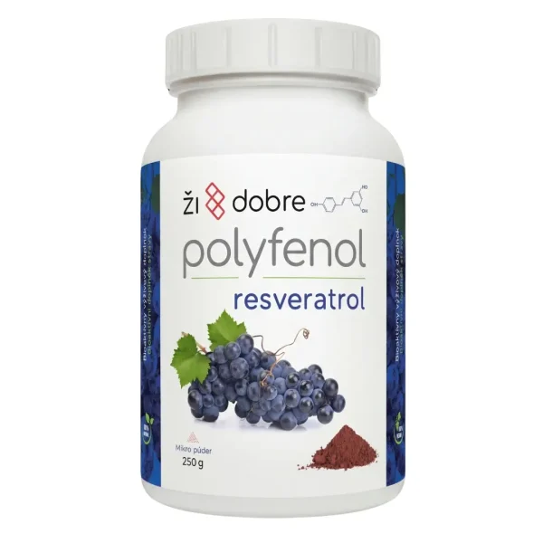 Biela nádoba s bielo modrou etiketou Resveratrol prášok 250 g