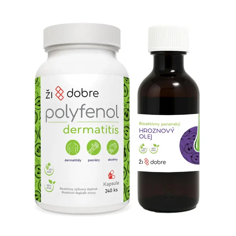 Kombinácia Dermatitis kapsule s polyfenolmi 250g a 200ml bioaktívny hroznový olej lisovaný zastudena