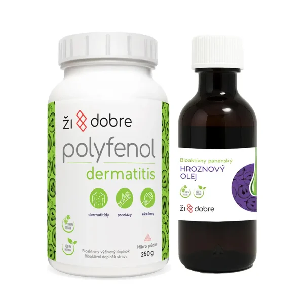 Kombinácia Dermatitis prášok s polyfenolmi 250g a 200ml bioaktívny hroznový olej lisovaný zastudena