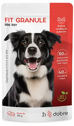 Červeno biely obal s hlavou bordérskej kólie, granule pre psy.