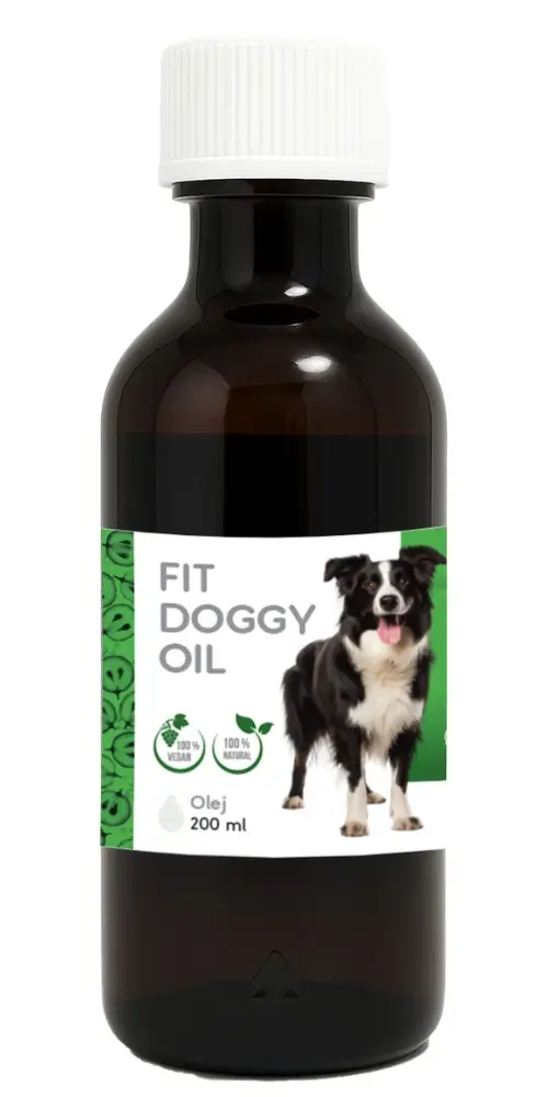 Fit olej pre psy, bielo zelená etiketa so psom, tmavá fľaška