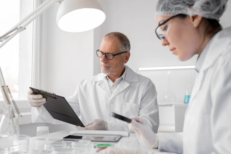 Dvaja laboratórni pracovníci skúmajúci vzorky